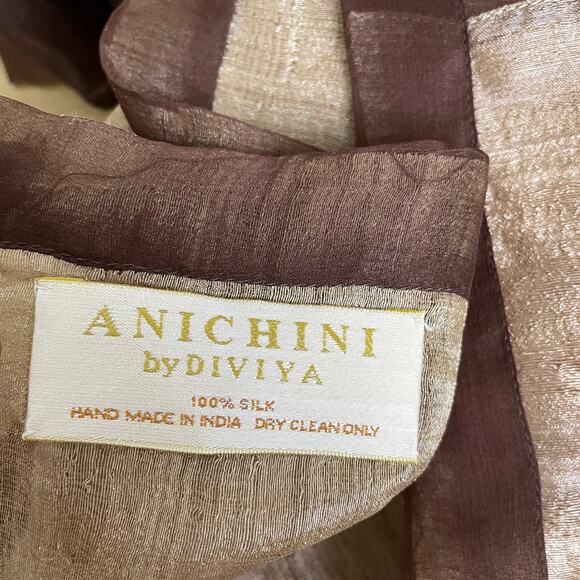 Anichini by Diviya Silk Scarf Brown Cream Sheen Rectangle Sheer Panels 19x77in - Picture 8 of 10